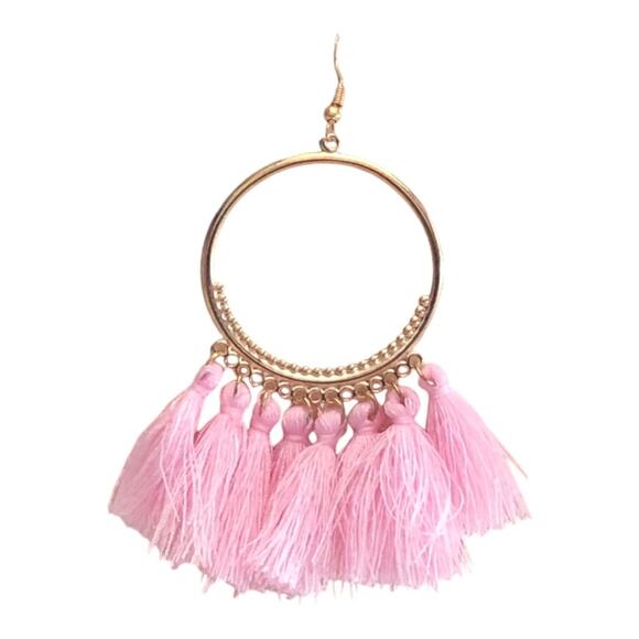 Boho Chic Hippie NWOT Light Pink Tassel Gold Tone Metal Hoop Earrings - Picture 6 of 10